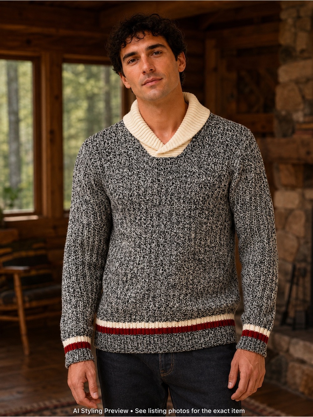 FarWest Men’s L Black Cream Marled Wool Blend Shawl Collar Sweater
